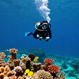 Caribbean Holidays, Curacao Scuba Diving, A scuba diver exploring a colourful coral reef in clear turquoise water off Cura&ccedil;ao in bright March sunshine