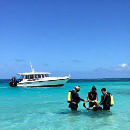 Caribbean Holidays, Curacao Scuba Diving, A small dive boat approaching a sheltered bay on Cura&ccedil;ao with divers preparing their equipment under a clear blue sky
