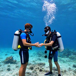 Caribbean Holidays, Curacao Scuba Diving, Beginner scuba diver receiving instruction from a professional instructor in the shallow clear waters of Cura&ccedil;ao