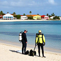 Caribbean Holidays, Curacao Scuba Diving, Divers preparing equipment beside a calm Cura&ccedil;ao beach, with colourful shore buildings and palm trees in the background