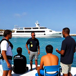 Caribbean Holidays, Cura&ccedil;ao Scuba Diving, Friendly professional dive instructors briefing holidaymakers beside a Cura&ccedil;ao dive boat on a sunny marina day