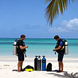 Caribbean Holidays, Curacao Scuba Diving, Friendly scuba divers checking masks and tanks beside a palm-fringed Cura&ccedil;ao beach before a dive