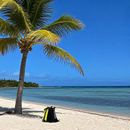 Caribbean Holidays, Cura&ccedil;ao Scuba Diving, Relaxed Cura&ccedil;ao beach with palm trees, calm blue sea and scuba diving equipment after a morning dive