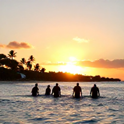 Caribbean Holidays, Curacao Scuba Diving, Relaxed Cura&ccedil;ao coastline at sunset with a small group of divers walking from the sea, tropical palms and colourful island scenery