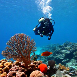 Caribbean Holidays, Curacao Scuba Diving, Scuba diver swimming above a healthy Cura&ccedil;ao reef with sea fans, sponges and tropical fish in clear blue water