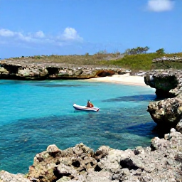 Caribbean Holidays, Curacao Scuba Diving, Small boat carrying scuba divers along the rugged coast of Cura&ccedil;ao towards a clear sheltered bay
