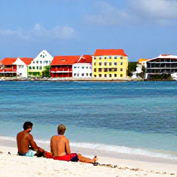 Caribbean Holidays, Curacao Scuba Diving, Travellers relaxing beside a Cura&ccedil;ao beach after scuba diving, with colourful Willemstad-style buildings in the distance