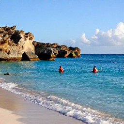 Caribbean Holidays, Cura&ccedil;ao September Holidays, Quiet Cura&ccedil;ao beach with clear turquoise water, snorkellers and rugged coastal scenery in gentle afternoon sunshine