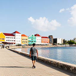 Caribbean Holidays, Cura&ccedil;ao Solo Holidays, A solo traveller walking along the colourful waterfront of Willemstad, Cura&ccedil;ao, in warm July sunshine