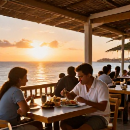 Caribbean Holidays, Cura&ccedil;ao Solo Holidays, An outdoor restaurant in Cura&ccedil;ao serving local Caribbean food at sunset, with a relaxed solo diner