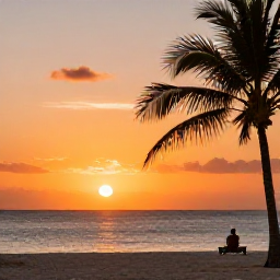 Caribbean Holidays, Cura&ccedil;ao Solo Holidays, Cura&ccedil;ao sunset over the Caribbean Sea viewed by a solo traveller from a quiet beach, warm orange sky and palm trees