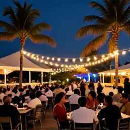 Caribbean Holidays, Cura&ccedil;ao Solo Holidays, Festive December evening in Cura&ccedil;ao with palm trees, outdoor dining, twinkling lights and local music