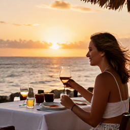 Caribbean Holidays, Cura&ccedil;ao Solo Holidays, Friendly solo traveller enjoying a sunset dinner at a relaxed seaside restaurant in Cura&ccedil;ao