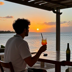 Caribbean Holidays, Cura&ccedil;ao Solo Holidays, Solo traveller enjoying a sunset drink at a relaxed Cura&ccedil;ao seaside restaurant