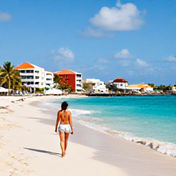 Caribbean Holidays, Cura&ccedil;ao Solo Holidays, Solo traveller walking along a sunny Cura&ccedil;ao beach with turquoise water, colourful buildings and palm trees