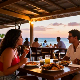 Caribbean Holidays, Cura&ccedil;ao Solo Holidays, Solo visitor enjoying a local Cura&ccedil;ao restaurant terrace at sunset, colourful dishes, warm lights and relaxed Caribbean atmosphere
