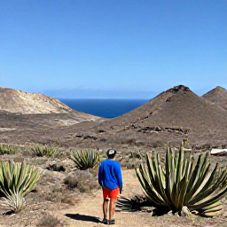 Caribbean Holidays, Cura&ccedil;ao Solo Holidays, Solo visitor hiking through Cura&ccedil;ao's dry landscape with cacti, rugged hills and distant blue sea