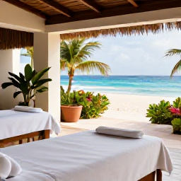 Caribbean Holidays, Cura&ccedil;ao Spa Breaks, A calm luxury spa overlooking a bright Caribbean beach in Cura&ccedil;ao, with treatment beds, tropical plants and soft morning light