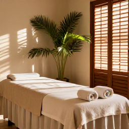 Caribbean Holidays, Cura&ccedil;ao Spa Breaks, A calm spa treatment room in Cura&ccedil;ao with natural textures, soft towels, tropical plants and warm sunlight through shutters