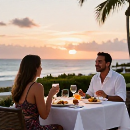 Caribbean Holidays, Cura&ccedil;ao Spa Breaks, A couple enjoying a healthy outdoor dinner at a Cura&ccedil;ao resort during a warm July evening, with soft sunset light