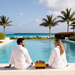 Caribbean Holidays, Cura&ccedil;ao Spa Breaks, A couple in white robes relaxing beside a peaceful Cura&ccedil;ao resort pool, with tropical gardens and the Caribbean Sea in the background
