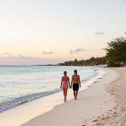 Caribbean Holidays, Cura&ccedil;ao Spa Breaks, A couple walking along a quiet white-sand beach in Cura&ccedil;ao at sunrise, with calm turquoise water and low tropical vegetation