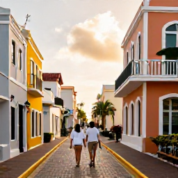 Caribbean Holidays, Cura&ccedil;ao Spa Breaks, A couple walking through colourful Willemstad in Cura&ccedil;ao after a spa treatment, with Dutch Caribbean architecture and warm afternoon light