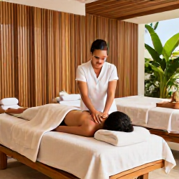 Caribbean Holidays, Cura&ccedil;ao Spa Breaks, A modern Cura&ccedil;ao resort spa with a couple receiving a relaxing massage, natural wood details, soft towels and tropical greenery