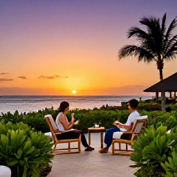 Caribbean Holidays, Cura&ccedil;ao Spa Breaks, A peaceful Cura&ccedil;ao resort terrace at sunset with a couple enjoying drinks, tropical greenery and a glowing Caribbean horizon