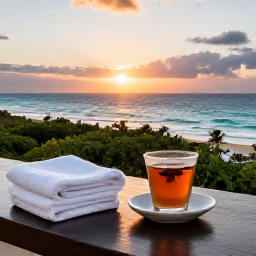 Caribbean Holidays, Cura&ccedil;ao Spa Breaks, A peaceful Cura&ccedil;ao resort terrace at sunset with a herbal tea, folded towel and view across the Caribbean Sea