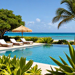 Caribbean Holidays, Cura&ccedil;ao Spa Breaks, A peaceful Cura&ccedil;ao spa pool surrounded by tropical greenery, sun loungers and a view of the blue Caribbean Sea