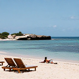 Caribbean Holidays, Cura&ccedil;ao Spa Breaks, A secluded Cura&ccedil;ao cove with calm blue water, sun loungers, light sand and a visitor reading peacefully beside the sea