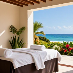 Caribbean Holidays, Cura&ccedil;ao Spa Breaks, A stylish Cura&ccedil;ao resort spa with an outdoor treatment area, tropical plants, white towels and views towards the Caribbean Sea