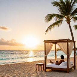 Caribbean Holidays, Cura&ccedil;ao Spa Breaks, A tranquil Cura&ccedil;ao beach at sunset with a wellness traveller relaxing on a shaded lounger, palm trees and calm turquoise water