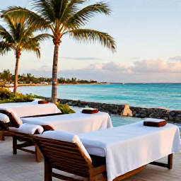 Caribbean Holidays, Cura&ccedil;ao Spa Breaks, A tranquil luxury spa overlooking a turquoise Caribbean bay in Cura&ccedil;ao, with treatment beds, palm trees and soft morning light