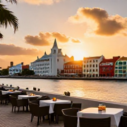 Caribbean Holidays, Cura&ccedil;ao Spa Breaks, Colourful Willemstad waterfront at sunset with outdoor dining and relaxed holiday atmosphere
