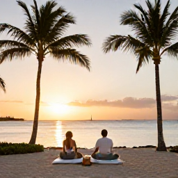 Caribbean Holidays, Cura&ccedil;ao Spa Breaks, Couple enjoying a peaceful sunset at a Cura&ccedil;ao resort, with palm trees, calm sea and warm evening light