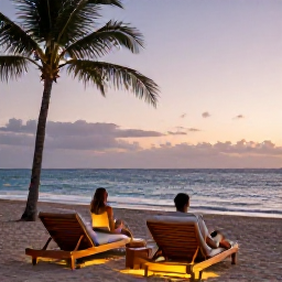 Caribbean Holidays, Cura&ccedil;ao Spa Breaks, Couple relaxing on a quiet Cura&ccedil;ao beach at sunset with comfortable loungers, palms and a softly lit horizon