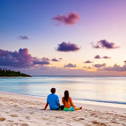 Caribbean Holidays, Cura&ccedil;ao Spa Breaks, Couple relaxing on a quiet sandy beach in Cura&ccedil;ao at sunset, with calm water and colourful sky