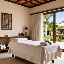 Caribbean Holidays, Cura&ccedil;ao Spa Breaks, Elegant Cura&ccedil;ao spa resort treatment room with natural textures, soft towels, candles and views of tropical gardens
