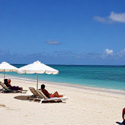 Caribbean Holidays, Cura&ccedil;ao Spa Breaks, Quiet sandy beach in Cura&ccedil;ao in August, turquoise water, sun loungers, umbrellas and a couple relaxing near the shore