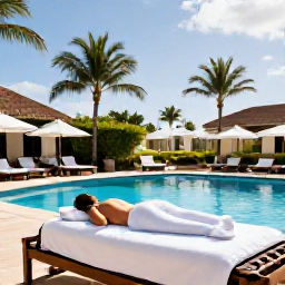 Caribbean Holidays, Cura&ccedil;ao Spa Breaks, Relaxing spa treatment beside a luxury resort pool in Cura&ccedil;ao, with tropical palms and bright Caribbean light