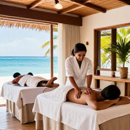 Caribbean Holidays, Cura&ccedil;ao Spa Breaks, Spa guests enjoying a couples massage in a bright tropical treatment room in Cura&ccedil;ao, with sea views and natural wood d&eacute;cor