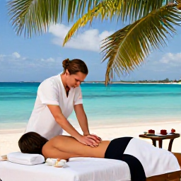 Caribbean Holidays, Cura&ccedil;ao Spa Breaks, Spa guests enjoying an outdoor massage beside a turquoise Cura&ccedil;ao lagoon, shaded by palms with towels and refreshments nearby