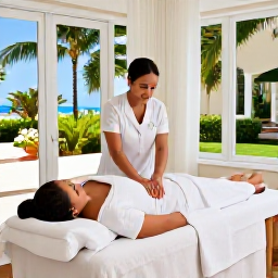 Caribbean Holidays, Cura&ccedil;ao Spa Breaks, Spa therapist providing a calming massage in a bright, elegant Cura&ccedil;ao treatment room with tropical garden views