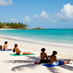 Caribbean Holidays, Cura&ccedil;ao Spa Breaks, Visitors enjoying a quiet wellness morning on a Cura&ccedil;ao beach, with yoga mats, calm turquoise water and palm-shaded sand