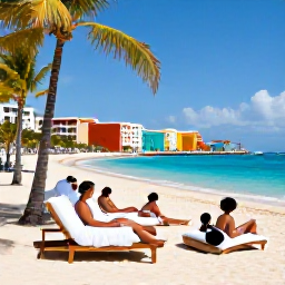 Caribbean Holidays, Cura&ccedil;ao Spa Breaks, Visitors relaxing beside a turquoise Cura&ccedil;ao beach after a spa treatment, with palm trees and colourful waterfront buildings