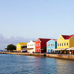 Caribbean Holidays, Curacao Tours, Bright January morning at a Cura&ccedil;ao waterfront, colourful historic buildings, calm blue sea and visitors exploring the promenade