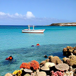 Caribbean Holidays, Curacao Tours, Clear turquoise sea, a small boat and snorkellers above a colourful coral reef at a sheltered Cura&ccedil;ao bay
