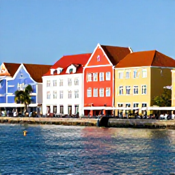 Caribbean Holidays, Curacao Tours, Colourful Willemstad waterfront with historic Dutch buildings, bright blue Caribbean water and visitors exploring the streets